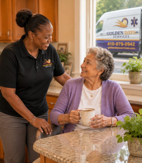 A Golden Days caregiver sharing coffee and conversation with a client in her own kitchen