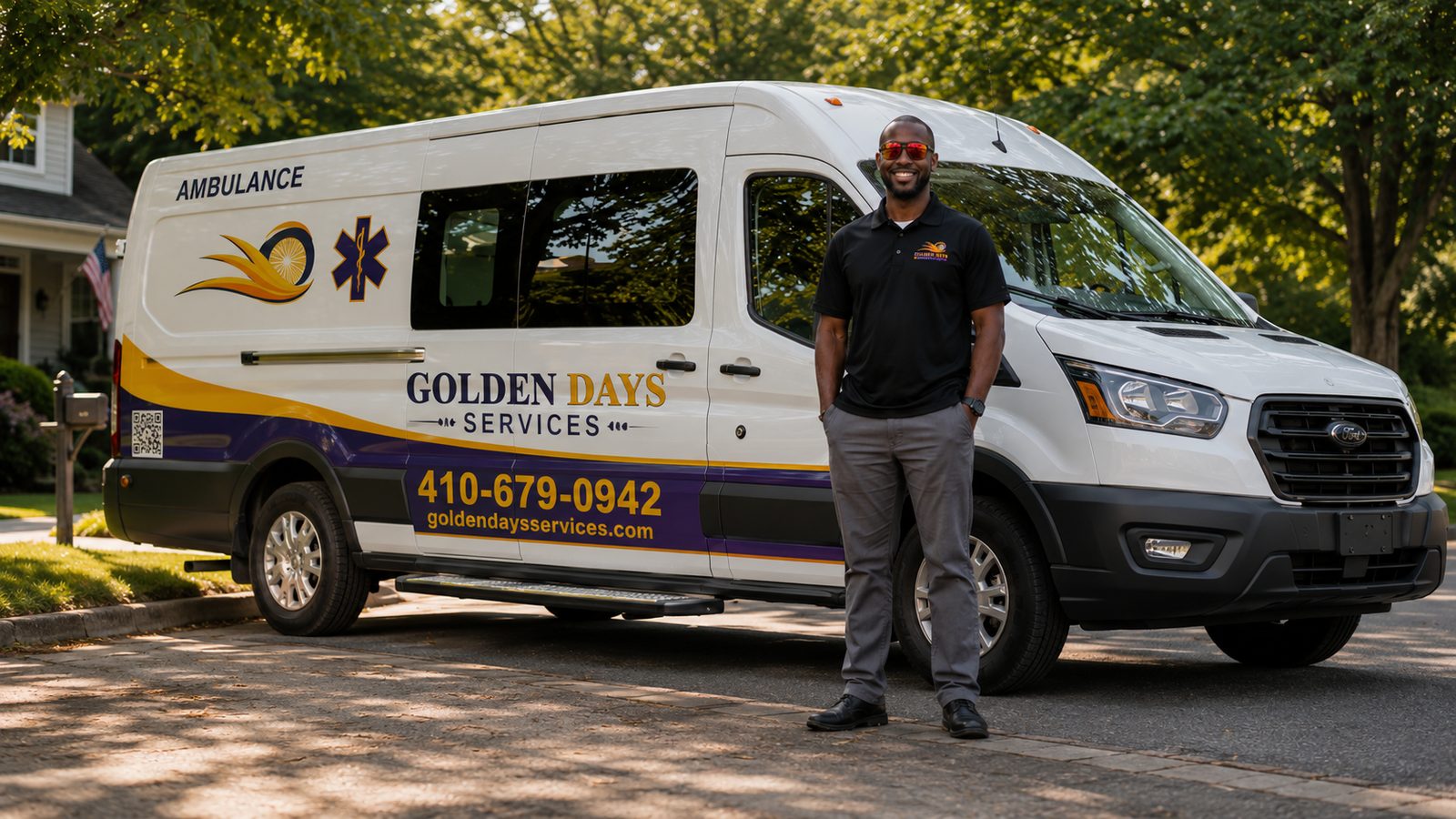 A Golden Days driver standing beside the Golden Days wheelchair-accessible transport van on a residential street