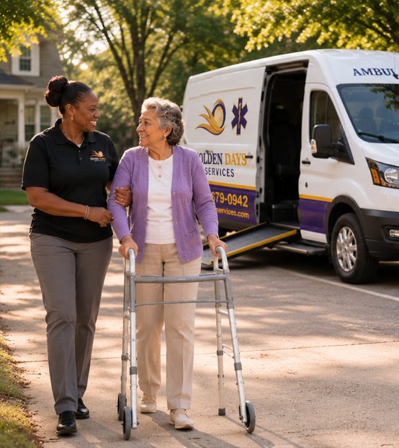 A Golden Days caregiver walking alongside a smiling client using her walker toward the Golden Days transport van outside her home